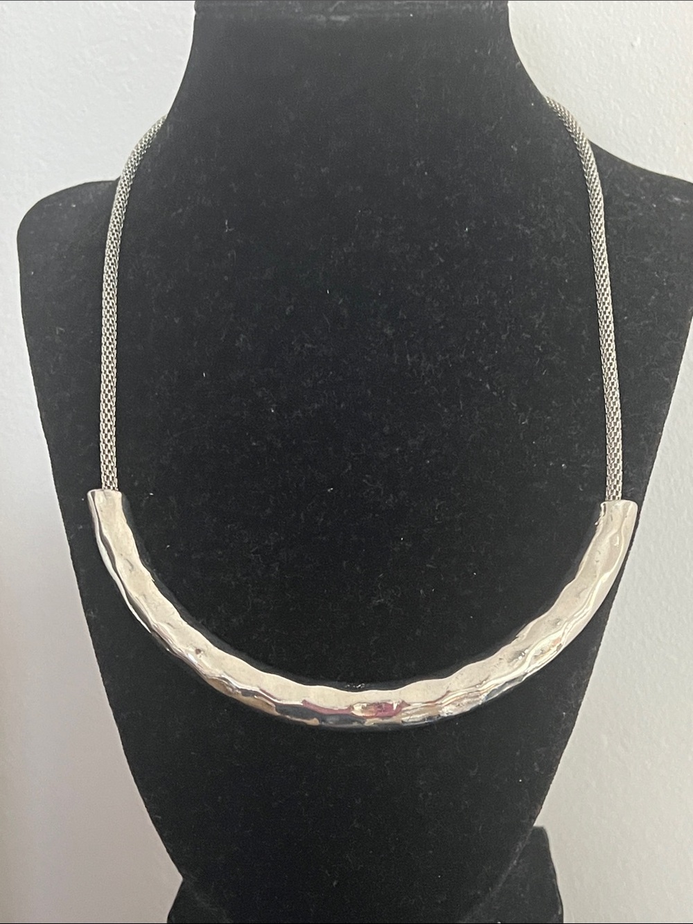 Avenue Hammered Silver Curved Bar Necklace